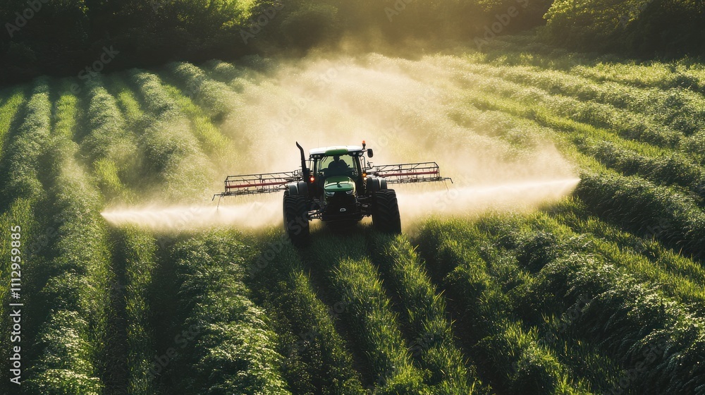 Fototapeta premium Golden Hour Farming: Tractor Spraying Crops in Lush Green Field