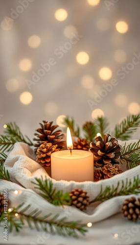 Natural Christmas decoration with burning candle on white linen and pine cones - magic lights in background isolated with white highlights, png