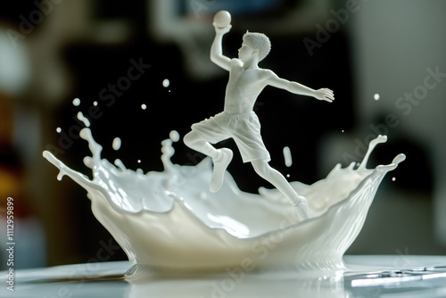 A person leaping into a splash of milk with a playful expression photo