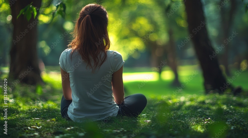 A woman sits on the grass in a peaceful park setting A woman sits on the grass in a peaceful park setting