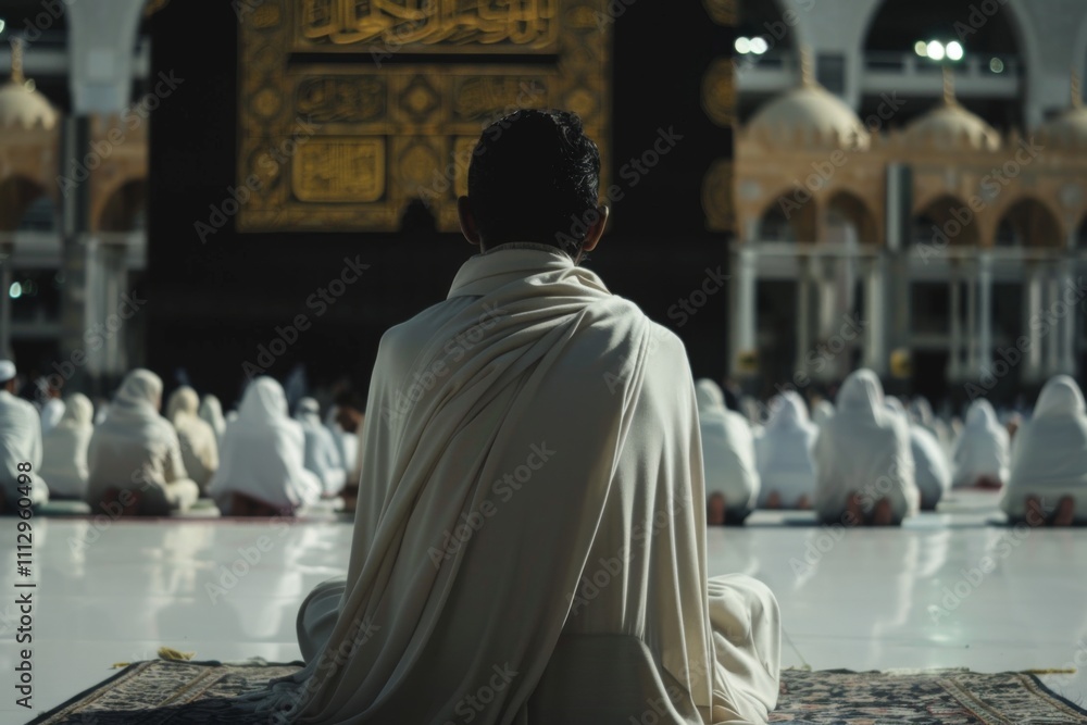 a man in white Ihram standing in front of kaaba a man in white Ihram standing in front of kaaba