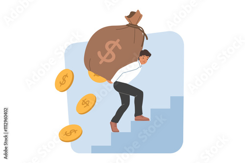 Man investor loser loses money due to inflation, climbs stairs with curly bag money. Investors experience stress because of expenses on way to accumulating wealth or achieving financial independence