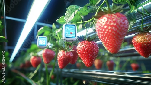 Smart farming systems cultivating strawberries in hanging pods within a futuristic greenhouse. AI-controlled robotic pickers select only the ripest fruits, displayed on holographic screens.  photo