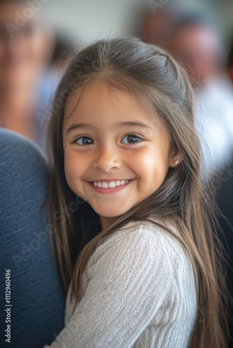 A happy young girl sits in a chair with a warm smile, suitable for use in illustrations or as a stock photo