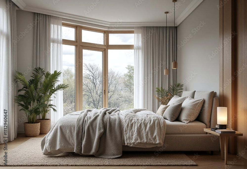 Fototapeta premium Scandinavian interior design of modern bedroom.