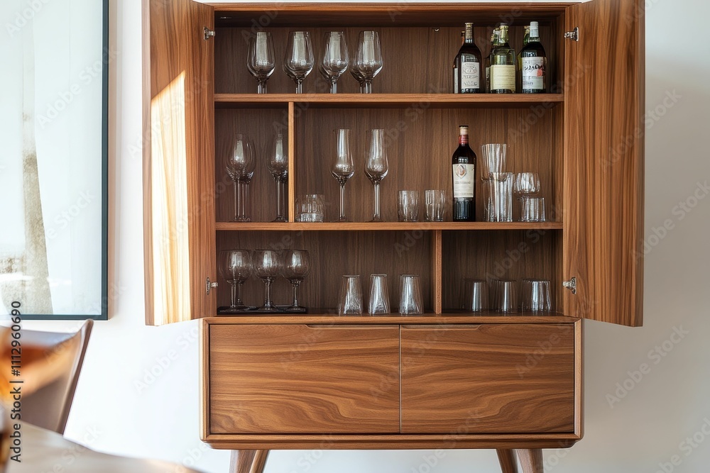 Wooden cabinet; glassware, bottles; open doors. Wooden cabinet; glassware, bottles; open doors.