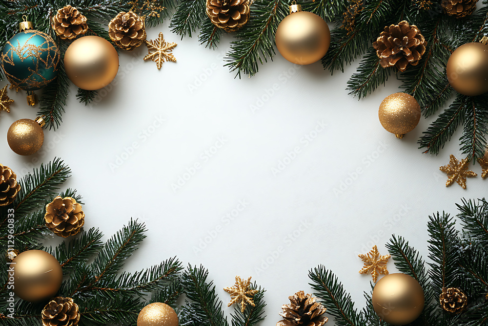 Christmas-themed flat lay with pine branches, golden ornaments, and snowflakes on a white background. Clean layout with space for text, perfect for holiday greetings Christmas-themed flat lay with pine branches, golden ornaments, and snowflakes on a white background. Clean layout with space for text, perfect for holiday greetings
