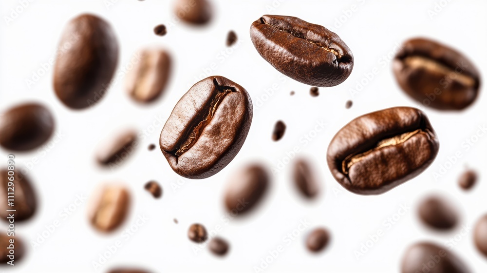 Floating coffee beans in mid-air, detailed roasted texture, dynamic food photography, aromatic coffee imagery, artistic presentation, caffeine concept Floating coffee beans in mid-air, detailed roasted texture, dynamic food photography, aromatic coffee imagery, artistic presentation, caffeine concept