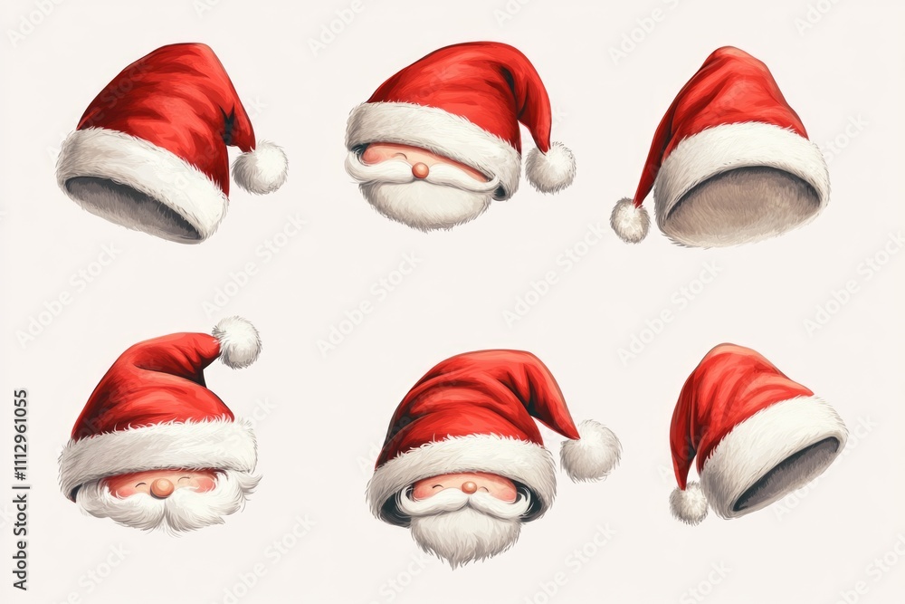 Six Santa hats on a white background Six Santa hats on a white background