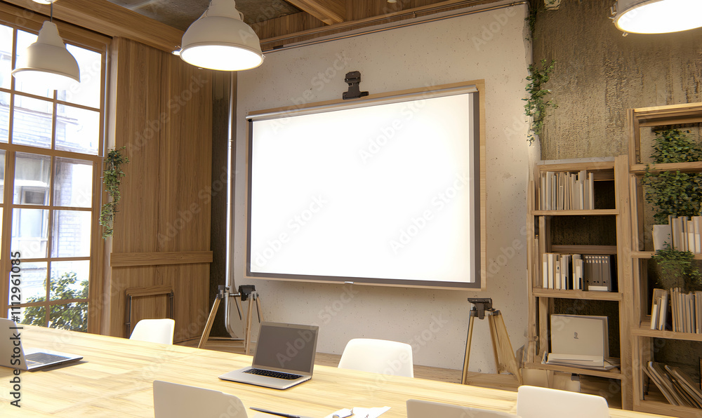 Modern conference room with large blank projection screen, wooden furniture, laptops, and natural light. Ideal for presentations, meetings, or business concepts. Modern conference room with large blank projection screen, wooden furniture, laptops, and natural light. Ideal for presentations, meetings, or business concepts.
