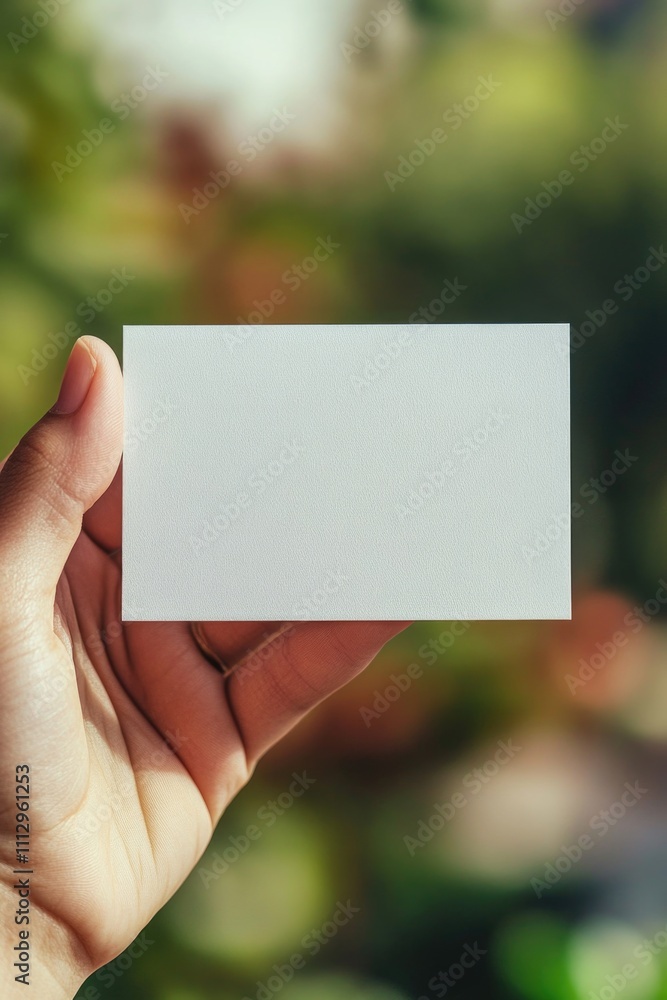 A person holding a white business card with a subtle smile, perfect for professional and corporate uses A person holding a white business card with a subtle smile, perfect for professional and corporate uses