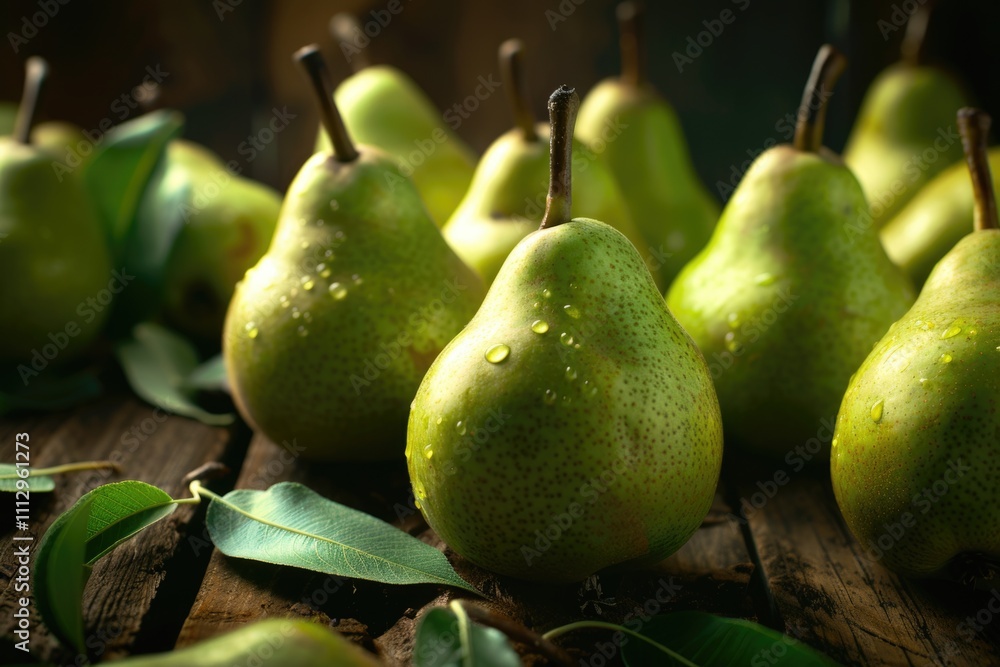 A group of pears sitting on a wooden table, suitable for still life photography or as a prop in various settings A group of pears sitting on a wooden table, suitable for still life photography or as a prop in various settings