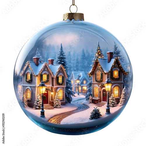  Transparent Christmas tree ball, containing a tranquil Christmas village scene at dusk, with delicate, houses adorned with twinkling garlands and with festive lights, generative IA photo