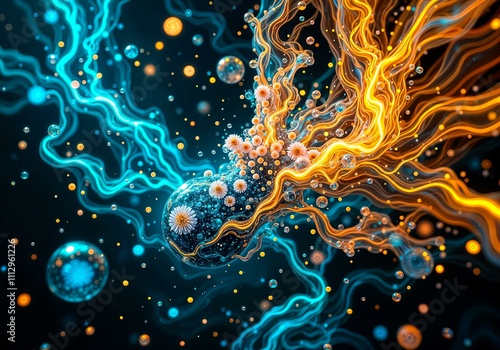 Abstract Ethereal Composition with Swirling Liquid Colors and Geometric Patterns in Cosmic Underwater Atmosphere photo