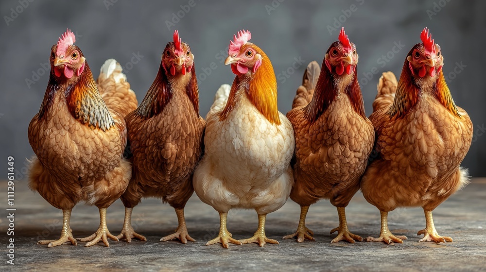 Fototapeta premium Group of brown hens with detailed feathers, standing in a row, farm animals, chicken coop setting, livestock, rustic background, poultry farming