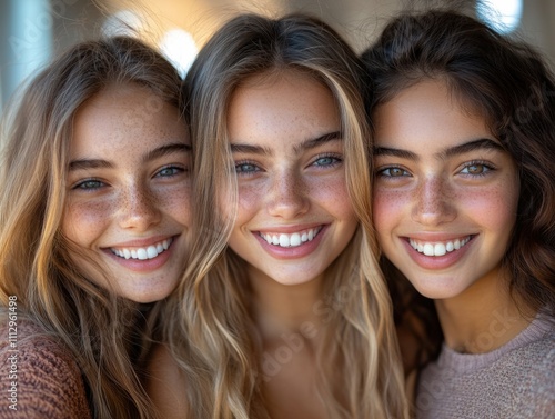 Three happy women with freckles, close-up smiling faces, natural beauty, youthful and radiant, group friendship, joyful expressions, casual style, golden sunlight