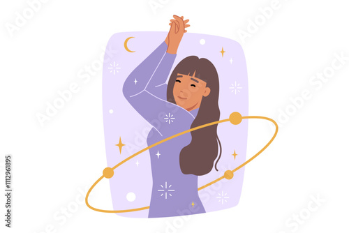 Woman astrologer dances among cosmic stars and orbits, rejoicing at fortune teller prediction of happy future. Girl astrologer suggests using occult and spiritual practices to achieve happiness