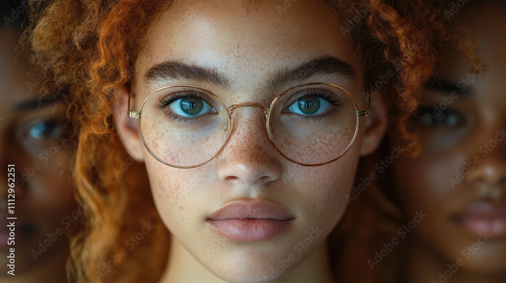A captivating portrait of a young woman with glasses showcasing her vibrant curly hair and freckled complexion in a close-up shot. A captivating portrait of a young woman with glasses showcasing her vibrant curly hair and freckled complexion in a close-up shot.