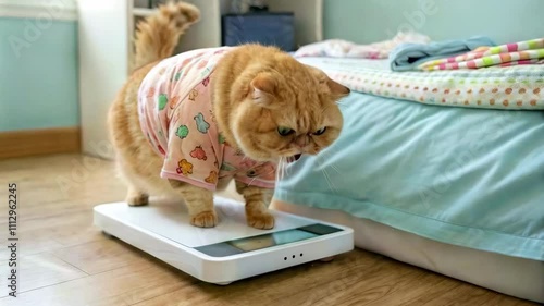 Chubby ginger exotic cat with open mouth standing on a digital scale, shocked by its weight. Upset about overweight problem. Funny plump, overeating, fat cat concept. Overweight problem, check weight