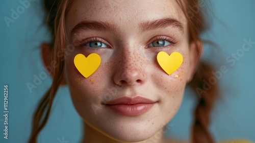 A person wearing yellow heart-shaped eye decals photo