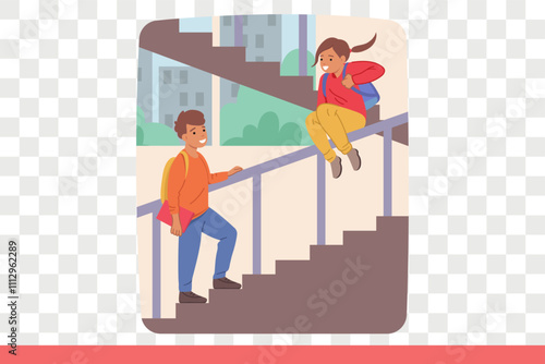 Happy children play on school stairs and ride on railings, enjoying carefree childhood and opportunity to break rules. Children play pranks during break between lessons, waiting for parents to arrive