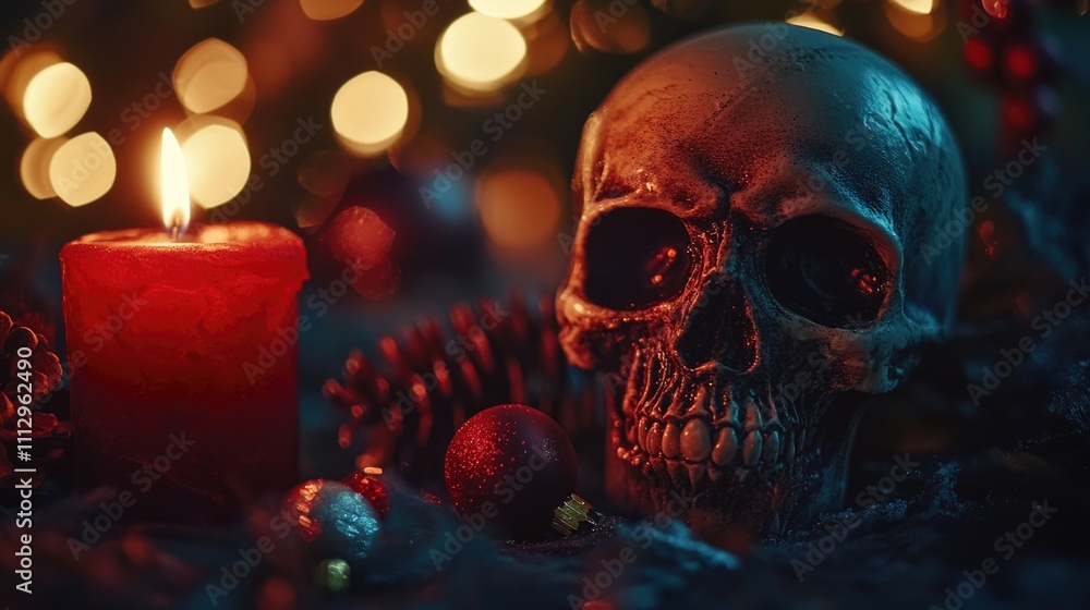 A skull sits beside a lit candle, creating a eerie atmosphere A skull sits beside a lit candle, creating a eerie atmosphere