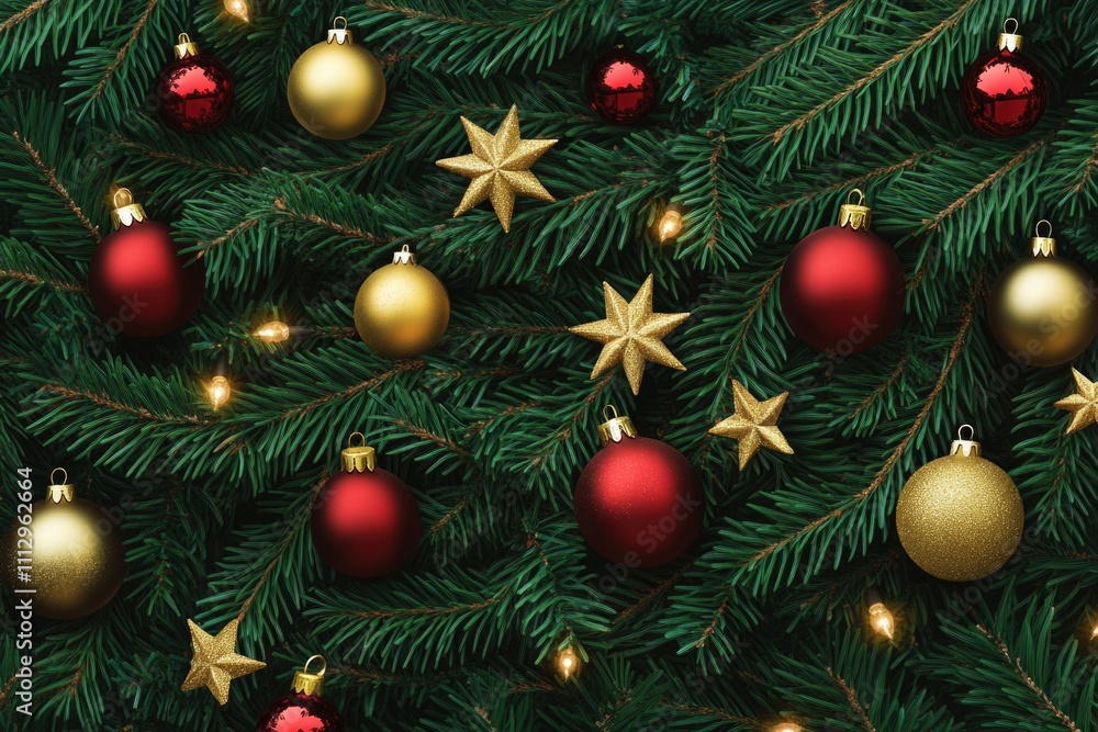 A close-up view of Christmas tree ornaments in red and gold, perfect for holiday decorations or editorial use A close-up view of Christmas tree ornaments in red and gold, perfect for holiday decorations or editorial use