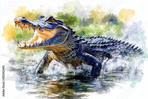 Illustration of a crocodile charging out of water with vivid colors, dynamic wildlife art, predator in motion, reptile illustration, fierce animal watercolor artwork photo