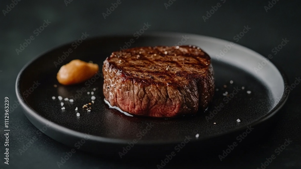 A perfectly cooked steak on a plate with a side of sauce and seasoning. A perfectly cooked steak on a plate with a side of sauce and seasoning.