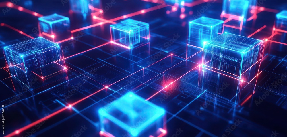 Abstract blockchain network of glowing cubes and squares in a dark blue background, connected by thin neon lines. Abstract blockchain network of glowing cubes and squares in a dark blue background, connected by thin neon lines.