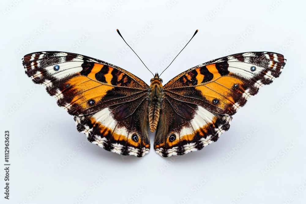 A white butterfly with orange highlights sits on a white surface, ready for capture A white butterfly with orange highlights sits on a white surface, ready for capture