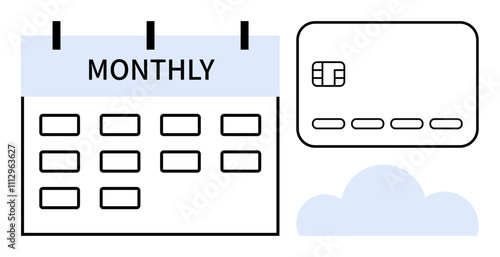 Calendar labeled Monthly alongside a credit card and a cloud icon. Ideal for finance, budgeting, subscription services, online payments, financial planning, digital banking, payment reminders. Line