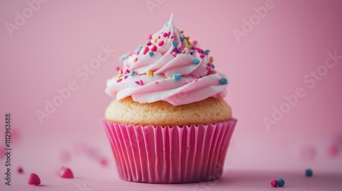 Pink cupcake with sprinkles and pastel icing