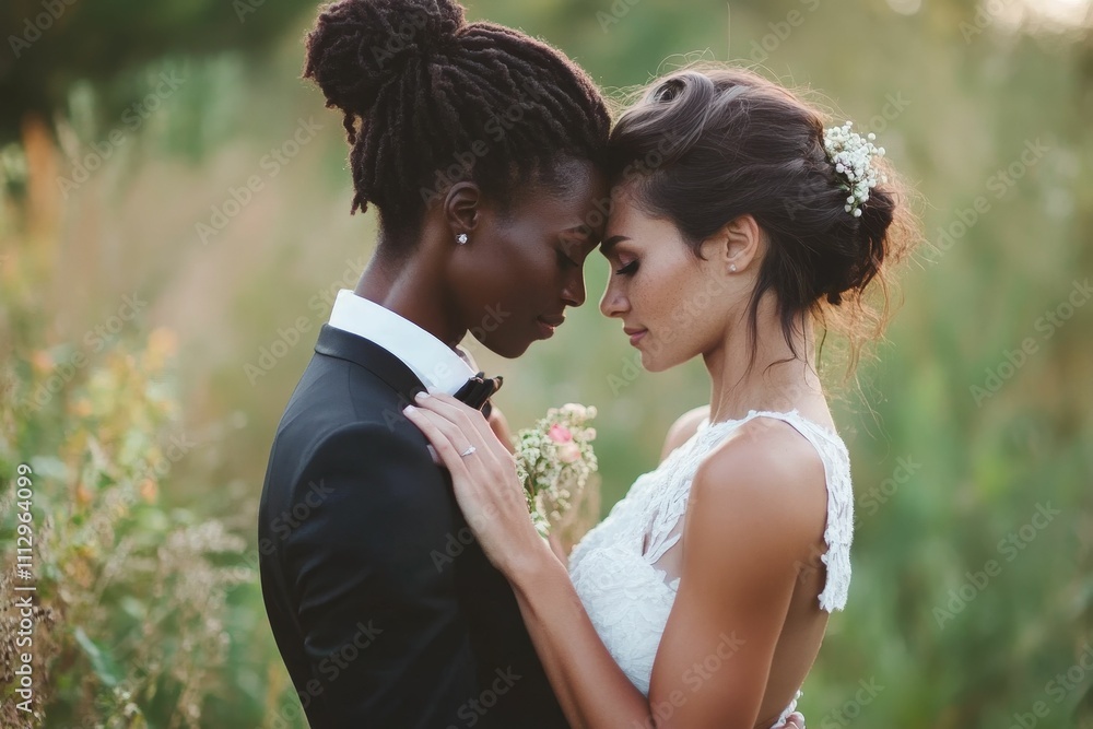 Two brides embrace, foreheads touching, outdoors. Two brides embrace, foreheads touching, outdoors.