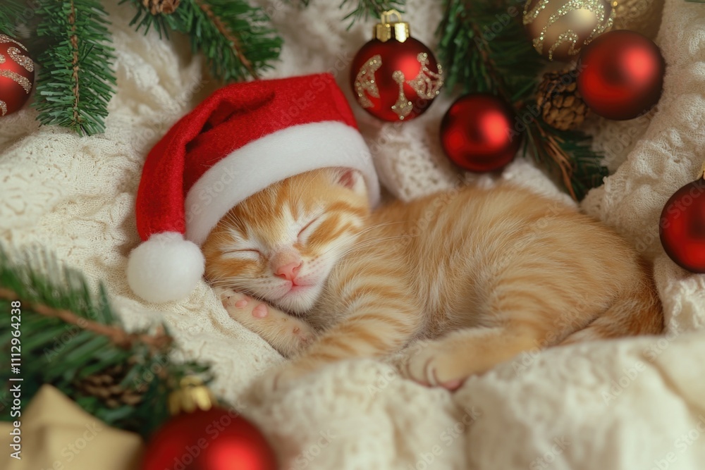 Obraz premium A small kitten is sleeping in a Santa hat