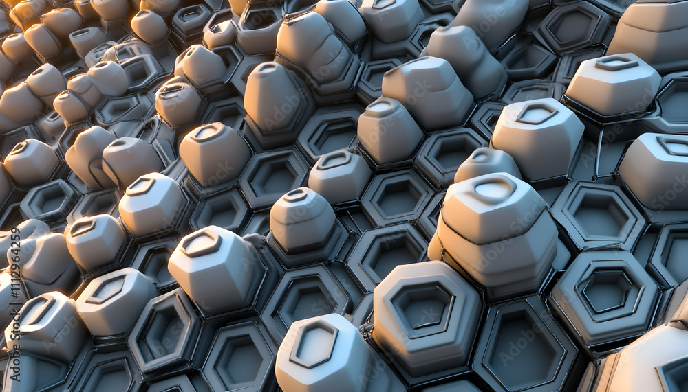 Obraz premium Abstract 3D rendering of a hexagonal honeycomb structure with rounded, textured elements. Ideal for backgrounds, technology, and futuristic designs.