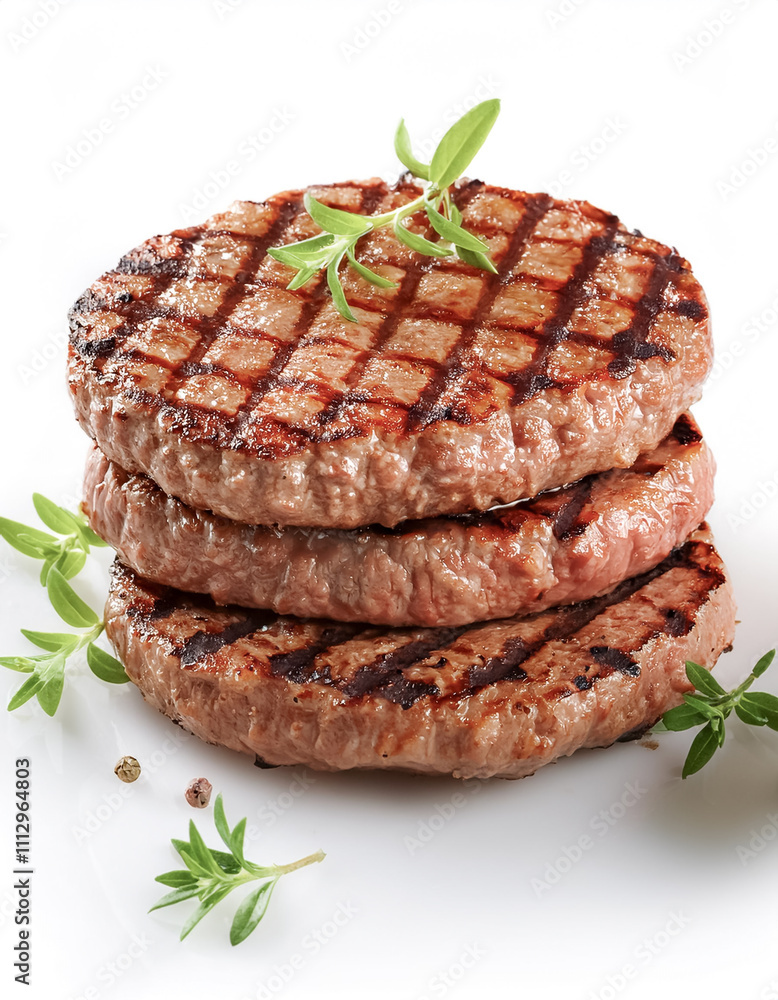perfectly grilled hamburger patties with grill marks on white perfectly grilled hamburger patties with grill marks on white