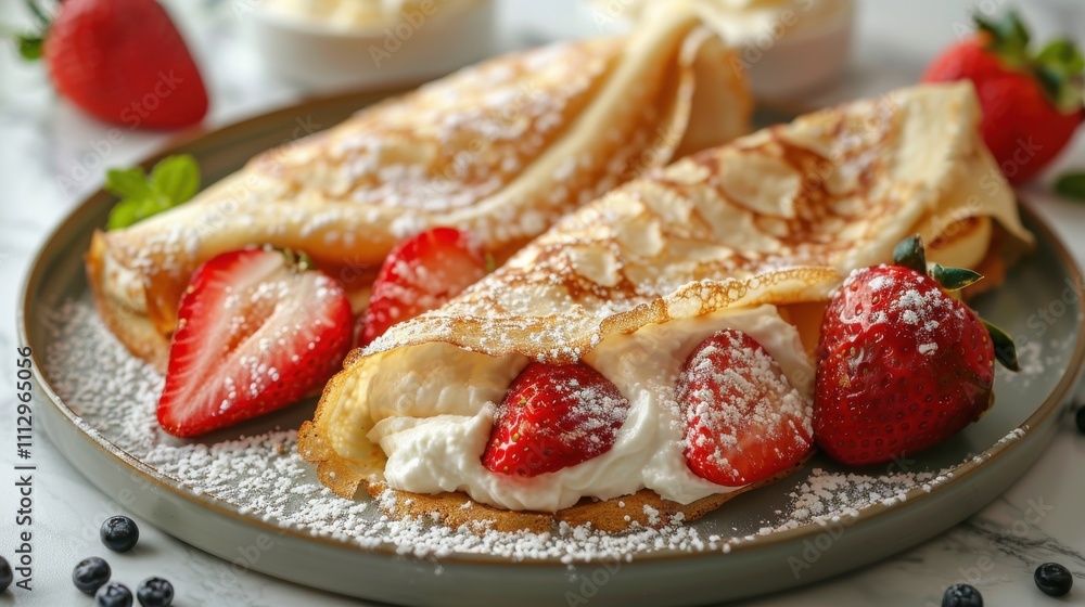 Artful crepes brimming with whipped ricotta, served with ripe strawberries on a luxurious marble countertop Artful crepes brimming with whipped ricotta, served with ripe strawberries on a luxurious marble countertop