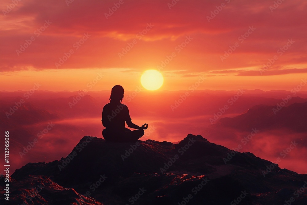 Sunrise meditation on a hill: A silhouette of a person meditating on a hilltop at sunrise. The horizon glows orange and pink, while the figure sits cross-legged, facing the rising sun, symbolizing pea Sunrise meditation on a hill: A silhouette of a person meditating on a hilltop at sunrise. The horizon glows orange and pink, while the figure sits cross-legged, facing the rising sun, symbolizing pea