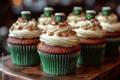 Cupcakes with themed toppers: Snap a photo of cupcakes decorated with themed toppers featuring images of St. Patrick, beer mugs, leprechauns, and other holiday elements. Display the cupcakes on a fest photo