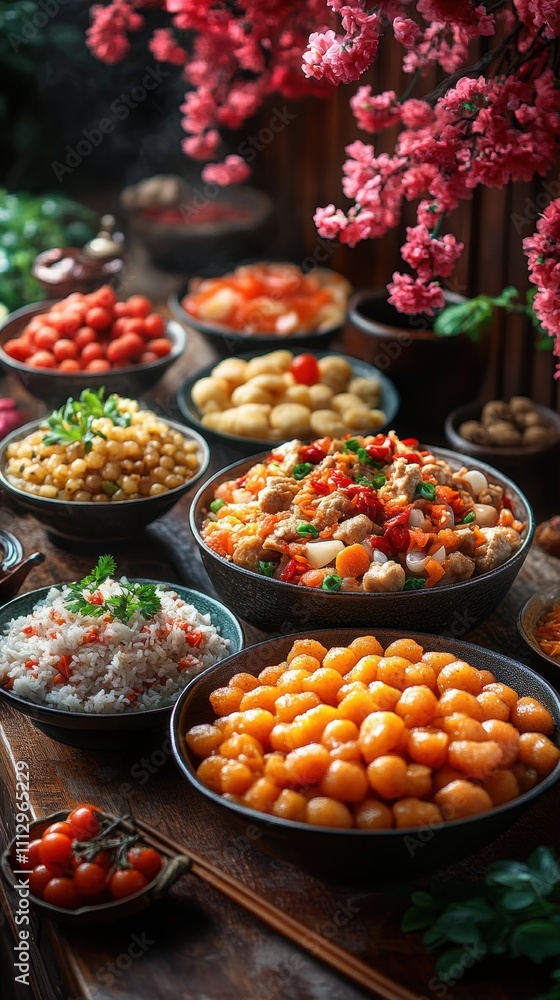 A vibrant and enticing display of various Asian dishes, including rice, chicken, and an assortment of vegetables, elegantly presented with cherry blossoms. A vibrant and enticing display of various Asian dishes, including rice, chicken, and an assortment of vegetables, elegantly presented with cherry blossoms.