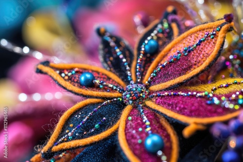 A detailed view of a flower adorned with beads, great for jewelry or craft inspiration