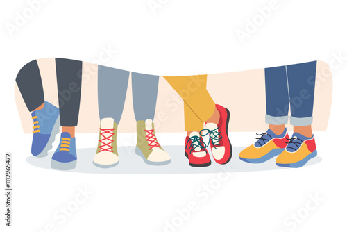 Legs of people in fashionable sneakers and sports shoes for running training or fitness classes. Legs of teenagers standing in row wearing colorful pants and sneakers for comfortable walking