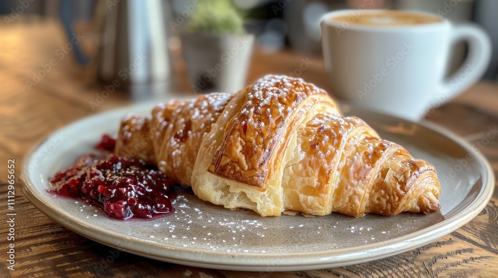 Buttery croissant with boysenberry preserves and a latte Buttery croissant with boysenberry preserves and a latte