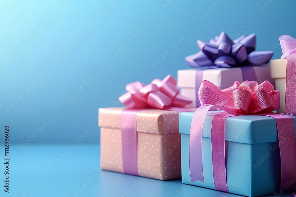 Obraz premium The background is blue, with colorful gift boxes placed on the right side of it. The gift boxes have pink and purple ribbons tied around them. There should be no other objects in front of or behind th