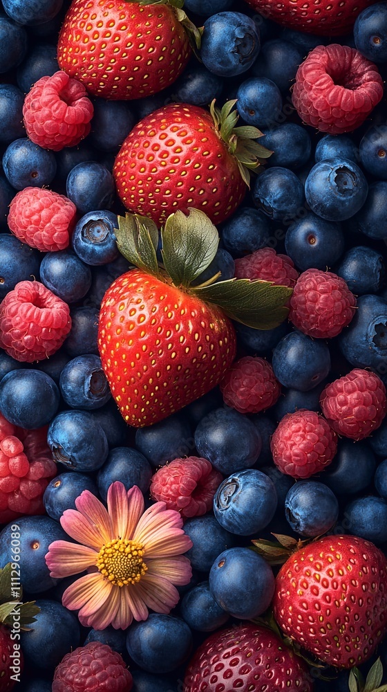 The background is full of strawberries, blueberries, and raspberries. The whole picture should be very colorful and vibrant. This photo will make an amazing wallpaper for your phone or computer screen The background is full of strawberries, blueberries, and raspberries. The whole picture should be very colorful and vibrant. This photo will make an amazing wallpaper for your phone or computer screen