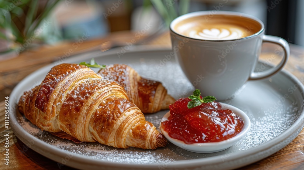 Buttery croissant with boysenberry preserves and a latte Buttery croissant with boysenberry preserves and a latte