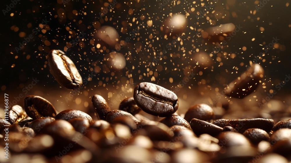 Flying coffee beans with golden highlights and dramatic lighting Flying coffee beans with golden highlights and dramatic lighting