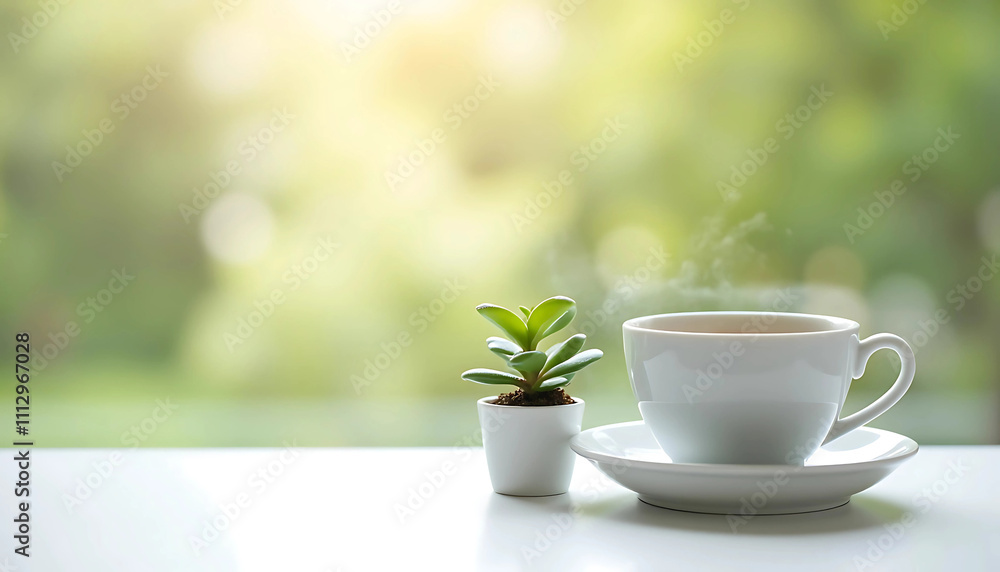 Coffee and Potted Plant in Natural Light