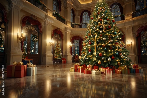 Wallpaper Mural Christmas tree new year interior pine with gift decoration decor balls garlands Torontodigital.ca